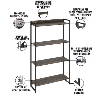 Kit 3 Estantes Multiuso Industrial 4 Prateleiras Areta 145x80cm C01 Carvalho Dark - Lyam Decor