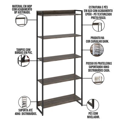 Kit 3 Estantes Multiuso Industrial 5 Prateleiras Areta 186x80cm C01 Carvalho Dark - Lyam Decor