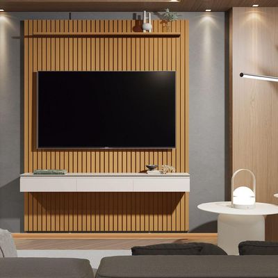Rack Painel Home Suspenso Colorado 1,40 Para Tvs Até 55 Polegadas Com Porta Arbo Cedro Com Off White