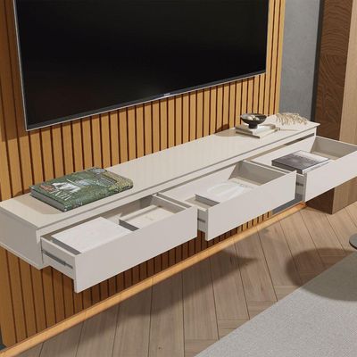 Rack Painel Home Suspenso Colorado 1,40 Para Tvs Até 55 Polegadas Com Porta Arbo Cedro Com Off White