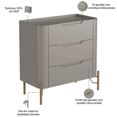 Mesa De Cabeceira Orgânica 3 Gavetas Pés Industrial Dourado Bliss I03 Grigio - Lyam Decor