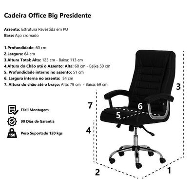 Cadeira De Escritório Preta Base Giratória Cromada