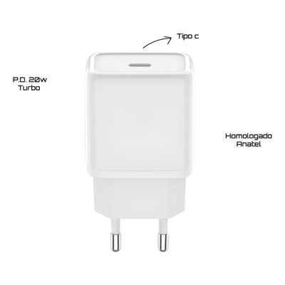 Fonte 20W Fast Charge com Cabo Tipo-C – Velocidade Máxima e Proteção Completa - Branco