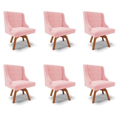 Kit 6 Cadeiras Decorativas Sala de Jantar Base Giratória de Madeira Firenze Suede Rosa Bebê/Natural G19 - Gran Belo