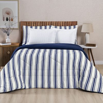 Edredom Cobertor Daily King Malha Listrado Dupla Face Fio Penteado - Azul Marinho