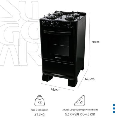 Fogão Suggar de Piso Cook Essence 4 Bocas com Mesa de Vidro Preto