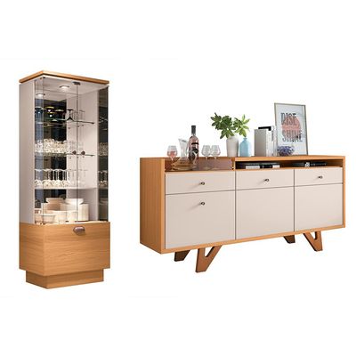Conjunto Decorativo Cristaleira c/Adega e Buffet Aparador c/Bandeja Lateral Peggy/Noeli Cinamomo/OffWhite G26 - Gran Belo
