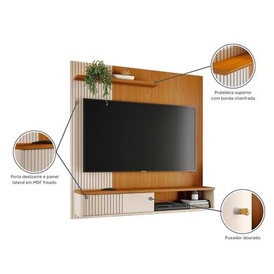 Painel Suspenso para TV Madetec Aurora 160cm Ripado Porta Deslizante Cinamomo/Off White