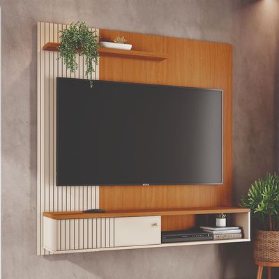 Painel Suspenso para TV Madetec Aurora 160cm Ripado Porta Deslizante Cinamomo/Off White