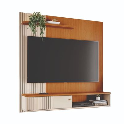 Painel Suspenso para TV Madetec Aurora 160cm Ripado Porta Deslizante Cinamomo/Off White