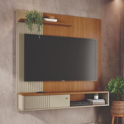 Painel Suspenso para TV Madetec Aurora 160cm Ripado Porta Deslizante Cumaru/Opala