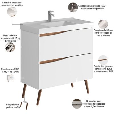 Balcão Gabinete Para Banheiro Com Pés e Lavatório 80cm Evie B06 Branco Tau - Lyam Decor