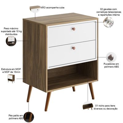 Balcão Gabinete Para Banheiro Com Pés 60cm Lionel B06 Branco Nogal - Lyam Decor