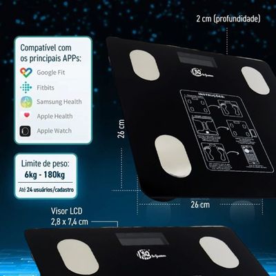 Balança de Bioimpedância com Bluetooth e APP inteligente Meça Gordura, Peso e Massa Muscular