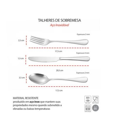 Talheres de Sobremesa Faqueiro Inox Garfo Faca Colher 18un