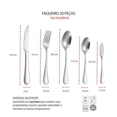 Talheres de Mesa Sobremesa Espatula Faqueiro Aço Inox 30un