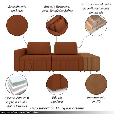 Sofá Ilha com Encosto e Almofadas Móveis Olimpo 265cm Modulado Linho/PU Terracota/Caramelo G45 - Gran Belo