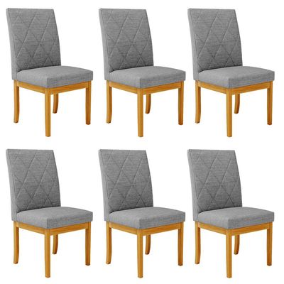 Kit 6 Cadeiras de Sala de Jantar Estofadas Gomes Madeira Maciça Linho Cinza G78 - Gran Belo