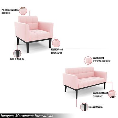 Conjunto 2 Poltronas e 1 Namoradeira Decorativa Karen Pés Fixo em Madeira Preto Suede Rosa Bebê G19 - Gran Belo