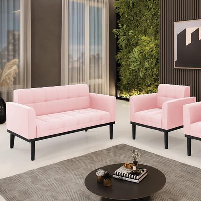 Conjunto Poltrona e Namoradeira Decorativa Karen Pés Fixo em Madeira Preto Suede Rosa Bebê G19 - Gran Belo