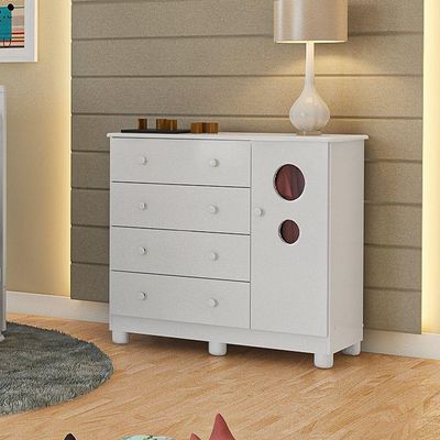 Comoda Infantil 1 Porta 4 Gavetas Bolinha - Moveis Peroba Branco Brilho
