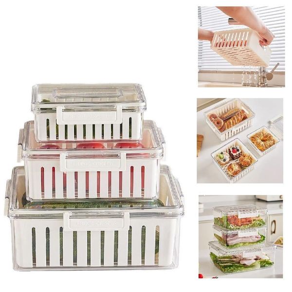 Kit 3 Potes Hermeticos Organizador Geladeira Fresh Box Cesta Escorredor Removivel Acrilico Marmita Frutas Legumes Alimen