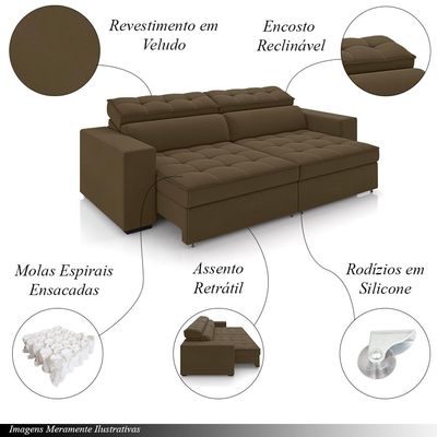 Sofá Decorativo Hugo 4 Lugares 300cm Reclinável e Retrátil Veludo Marrom G45 - Gran Belo