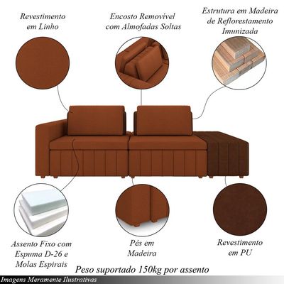 Sofá Ilha com Encosto e Almofadas Móveis Olimpo 285cm Modulado Linho/PU Terracota/Marrom G45 - Gran Belo