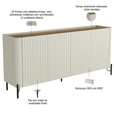 Aparador Buffet Sala de Jantar 4 Portas Brise Pés Industrial Preto Naim I03 Luna Louro - Lyam Decor