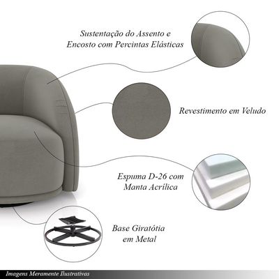 Poltrona Decorativa Jenny Base Giratória em Metal Preto Veludo Cinza G45 - Gran Belo