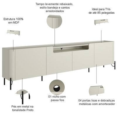 Rack Para Sala de Estar TV 85 Pol 4 Portas Pés Industrial Preto Alef I03 Luna - Lyam Decor