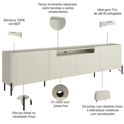 Rack Para Sala de Estar TV 85 Pol 4 Portas Brise Pés Industrial Preto Alef I03 Luna - Lyam Decor