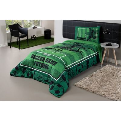 Kit Edredom + Lençol Plush Fofinho Infantil Dupla Face Dream 3 Peças Solteiro - Futebol