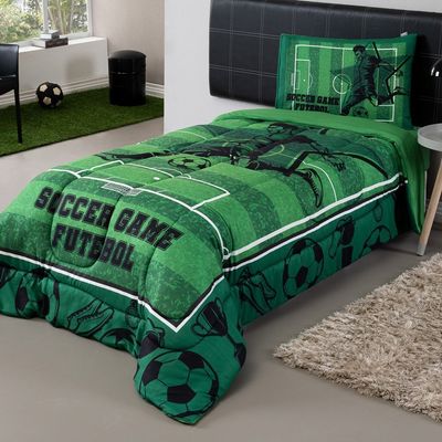 Kit Edredom + Lençol Plush Fofinho Infantil Dupla Face Dream 3 Peças Solteiro - Futebol