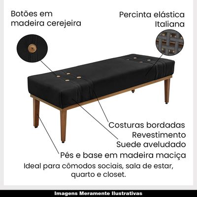 Recamier Decorativo 90cm Kors Suede Pés de Madeira Preto - Gran Belo