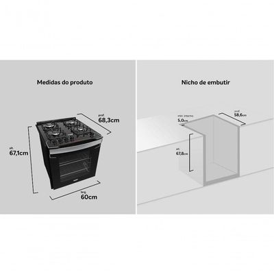 Fogão De Embutir 4B Preto Com Mesa De Vidro Dako Bivolt