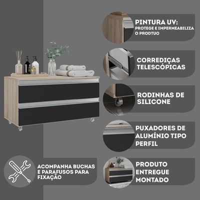 Gabinete Banheiro Rodinhas Joia 80cm 02 Gavetas Madeirado Preto