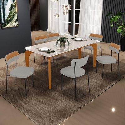 Mesa De Jantar Capri Off White E 6 Cadeiras Melina B05 Linho Cinza Couríssimo Caramelo - Lyam Decor