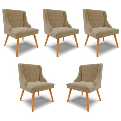 Kit 5 Cadeiras Decorativas Sala de Jantar Pés Palito de Madeira Firenze Suede Nude/Natural G19 - Gran Belo