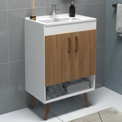 Balcão Gabinete Para Banheiro Com Pés 60cm Ramona B06 Branco Carvalho - Lyam Decor