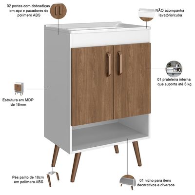 Balcão Gabinete Para Banheiro Com Pés 60cm Ramona B06 Branco Carvalho - Lyam Decor