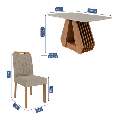 Conjunto Sala de Jantar Ágata Tampo em MDF e Vidro Com 4 Cadeiras Paola Cimol CINAMOMO/OFF/MAD/LINHO BEGE