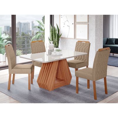Conjunto Sala de Jantar Ágata Tampo em MDF e Vidro Com 4 Cadeiras Paola Cimol CINAMOMO/OFF/MAD/LINHO BEGE