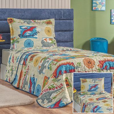 Kit Colcha + Jogo de Cama Bouti Kids Solteiro Infantil 5 Peças 100% Poliéster - Dino