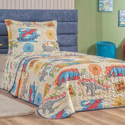 Kit Colcha + Jogo de Cama Bouti Kids Solteiro Infantil 5 Peças 100% Poliéster - Dino