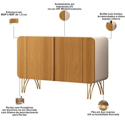 Aparador Buffet Para Sala de Jantar 2 Portas Orgânico Pozzi B01 Off White Cinamomo - Lyam Decor