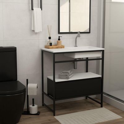 Gabinete Banheiro Ferro Iron Black Com Gaveteiro 80x45cm Branco Fosco