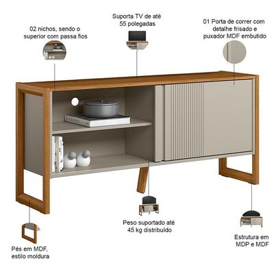 Rack Para Sala De Estar Tv 55 Pol 141cm Golden L05 Nature Off White - Lyam Decor