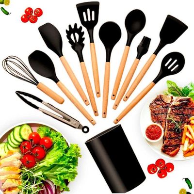 Kit 12 Talheres Silicone E Madeira | Utensílios Cozinha Preto