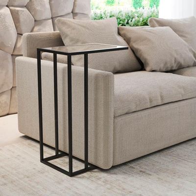Mesa Lateral Elena Industrial Preto Com Tampo De Vidro